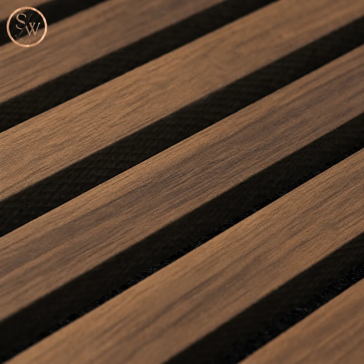 Premium akustikpanel i Walnut, nærbillede af lameller