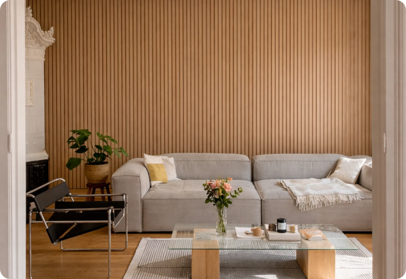 Minimalistisk stue med akustikpaneler bag sofa